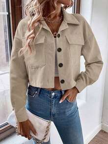 Women's Flap Pocket Drop Shoulder Cropped Corduroy Jacket