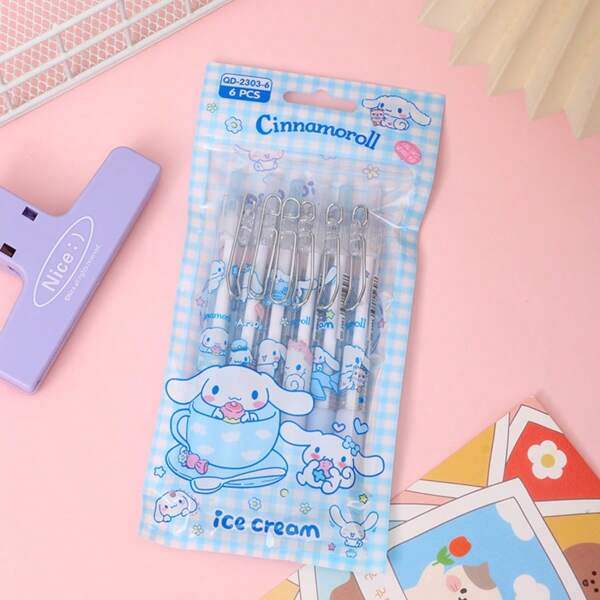 Sanrio 6pcs Sanrio Needle Pen Cinnamoroll Hello Kitty0.5 Black Push Bullet Gel Pen, Kuromi My Melody Office School Push Signature Pen Set, Pochacco Pompompurin Cute Cartoon Gel Pen With Hook, Smooth Writing, Continuous Ink, Easy To Carry, Gift Pen Stationery Set, Writing Errors Can Be Easily Corrected By Heat Friction, Suitable For Office, Study, Diary And Other Multi-Functional Supplies Set, Suitable For Gift Sets In The School Season Back To School