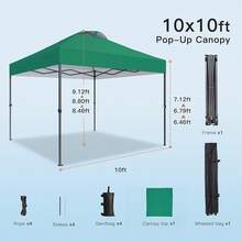 Amada 10x10ft 1-Person Setup Pop Up Canopy Tent - Easy Outdoor Sun Shade For Events, Parties, Camping, Gazebo With Wheel Cover Bag, Beach Tent With 3-Speed Adjustable Height,Blue - 綠色 - 查看 8