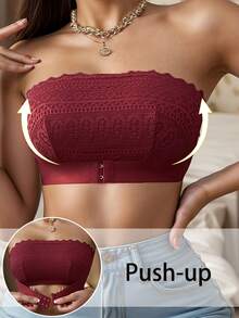 Áo ngực không dây cài trước họa tiết hoa thêu ren, áo ngực Bandeau thoải mái dành cho nữ - Màu Đỏ Sâu - Xem 3