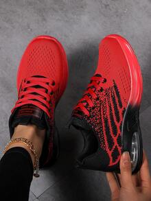 Women'S Casual Athletic Sneakers With Air Cushion Sole, Breathable Knit Upper, Lace-Up Low Tops In Pink And White - All-Season Comfort Shoes - Black and Red - View 2