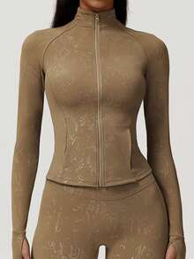 Sodalemon 女士全拉链口袋拇指孔健身夹克无缝前缝瑜伽紧身裤银色烫印运动套装 - 摩卡棕 - 查看 7