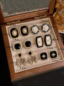 6pcs/Set Retro French Style Hexagram, Pearl, Heart Crystal, Bow Knot, Flower Stud Earrings, Fashionable & Minimalist Design, Suitable For Women Everyday And Holiday Wear