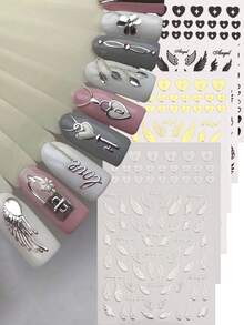 2/3/4/6 3D爱心锁指甲贴金银翅膀心形贴纸抽象涂鸦条纹指甲修剪，银色爱心锁抽象涂鸦全息心形指甲修剪包裹热印指甲贴纸DIY