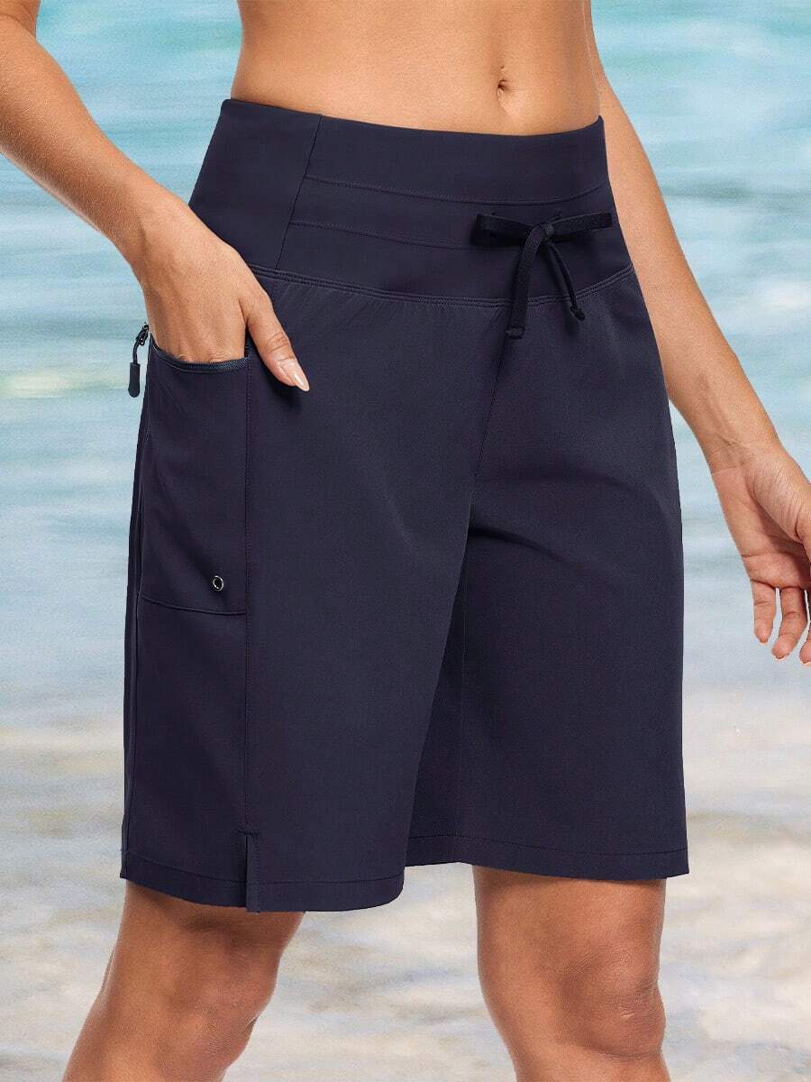 Womens 9" Swim Shorts UPF 50+ Quick Dry High Waisted Swim Trunks For Women With Liner & Zipper Pockets - Navy - View 1