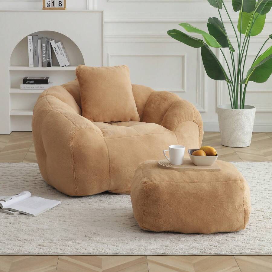 Giant Bean Bag Chair With Footstool,Lazy Sofa - Oversized High Back Corduroy Bean Bag Couch,Floor Sofa For Living Room, Home Theater, Play Zone - & Non-Slip Base,Very Suitable For Bedrooms, Living Rooms, Game Rooms, Study Rooms, Offices, Or Apartments. - B-卡其色(附腳蹬豆袋椅) - 查看 1