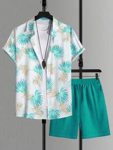 Men's Casual Set With Short Sleeve Shirt And Printed Shorts - 綠色 - 查看 3