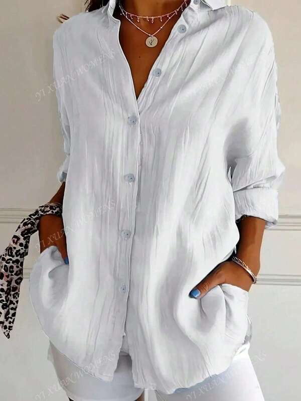 Camisa con cuello plisado de unicolor, top de manga larga con estilo europeo y americano para mujer