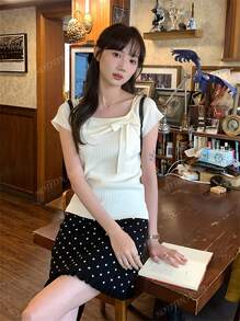 Pure Sexy Off-Shoulder Bowknot Short Sleeve Knit Sweater, Sweet Elegant Slimming Blouse For Women, Summer New Arrival