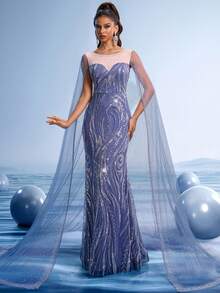 GIFORU Impresionante vestido de noche azul marino bordado con detalles de lentejuelas y capa fluida - Vestido formal elegante para bodas, galas y ocasiones especiales, vestido de fiesta, para invitados de boda - Neblina azul - Ver 5