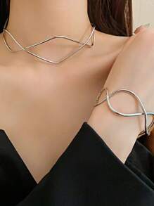 2pcs Minimalist Asymmetrical Metal Texture Open Adjustable Necklace & Bracelet Set