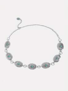 1条女士链条腰带，波西米亚西部牛仔风格雕刻绿松石复古银色腰链，适合搭配连衣裙、参加派对、夏季海滩度假、秋季上学、万圣节等场合。