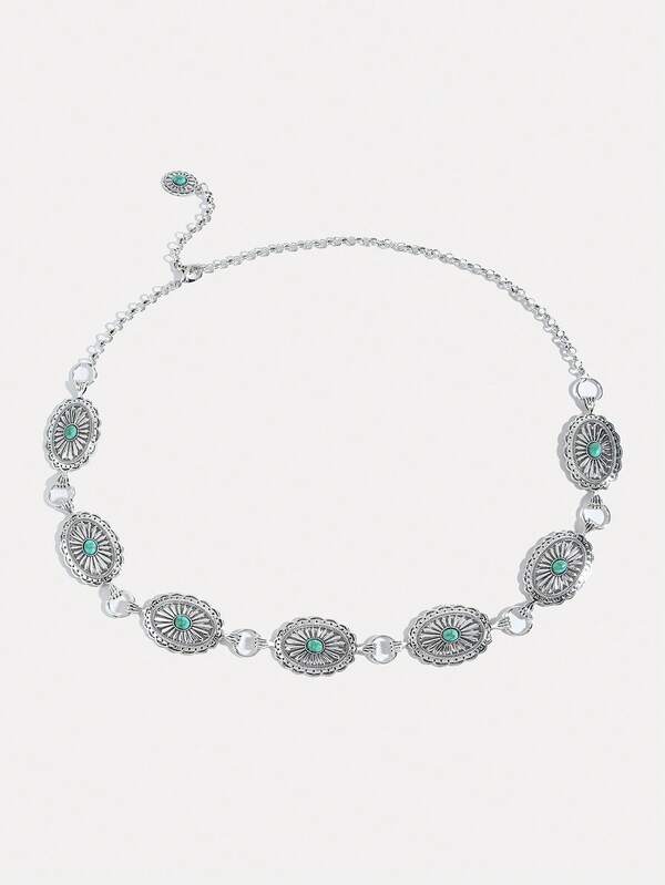 1条女士链条腰带，波西米亚西部牛仔风格雕刻绿松石复古银色腰链，适合搭配连衣裙、参加派对、夏季海滩度假、秋季上学、万圣节等场合。