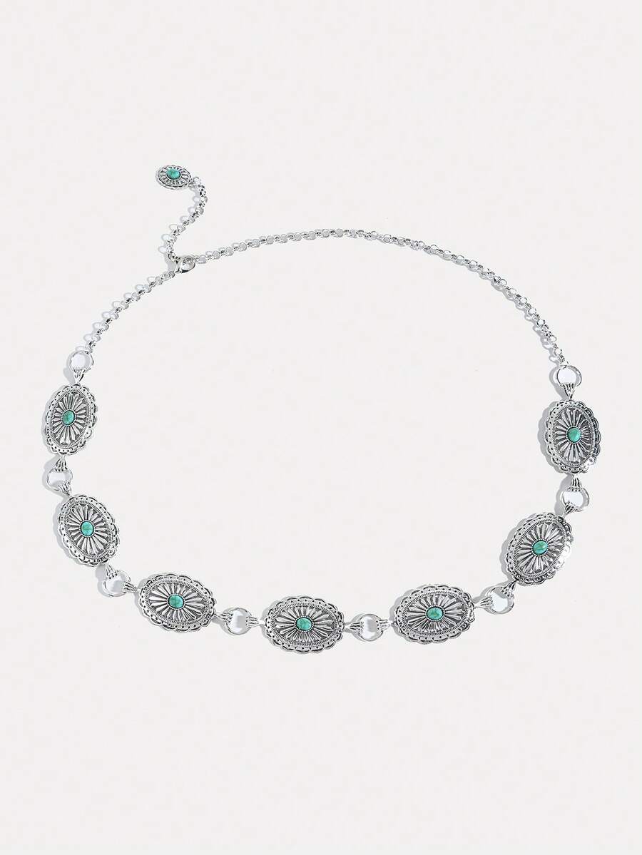 1条女士链条腰带，波西米亚西部牛仔风格雕刻绿松石复古银色腰链，适合搭配连衣裙、参加派对、夏季海滩度假、秋季上学、万圣节等场合。