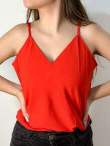 Women's Tank Top With Adjustable Straps Basic Crepe Strappy Top - Rojo - Ver 2