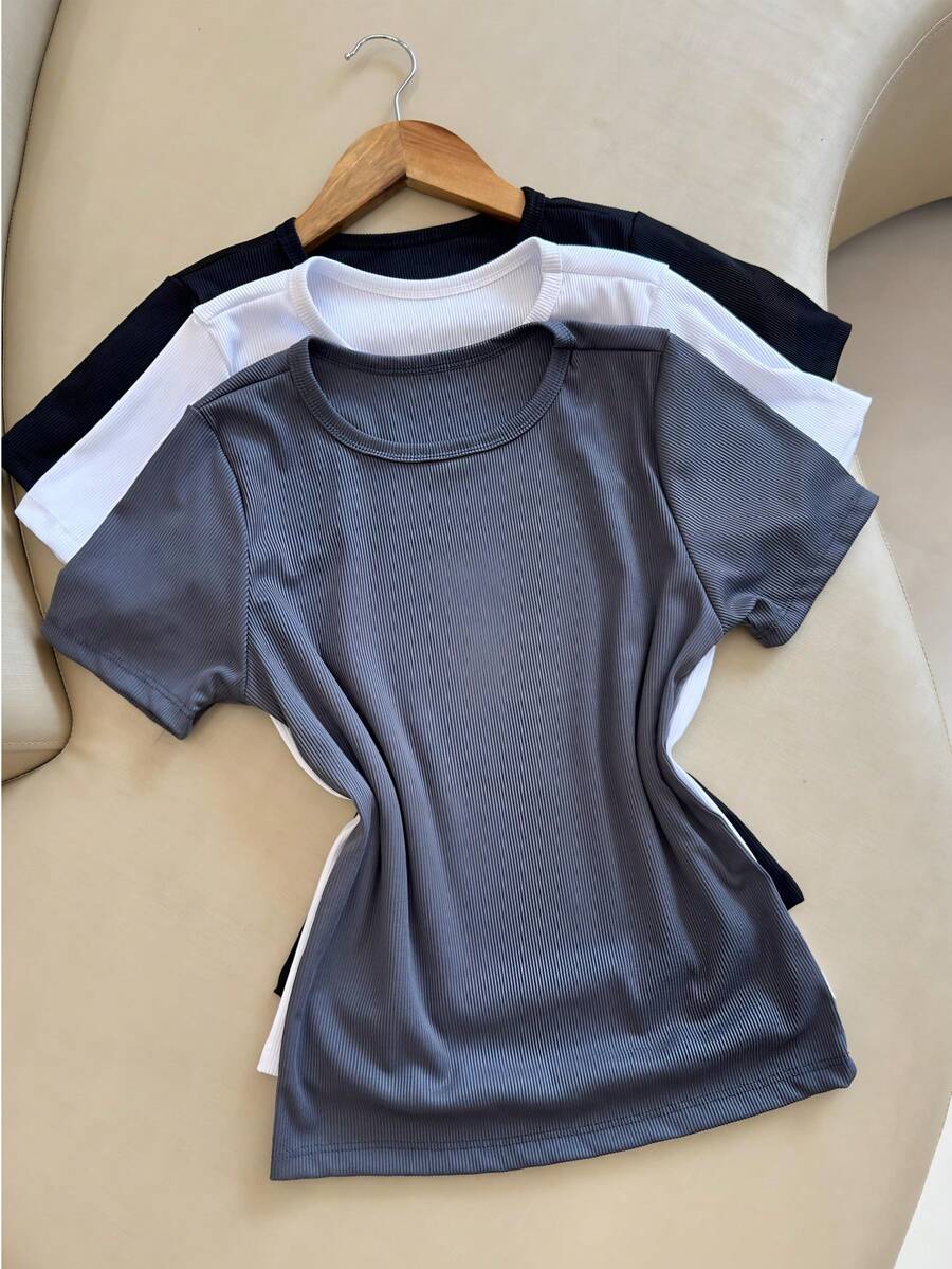 Kit 3 Women's Ribbed Blouses Baby Tee Basic Short Sleeve Babylook Colors  2025 - Trắng/Xám/Đen - Xem 1