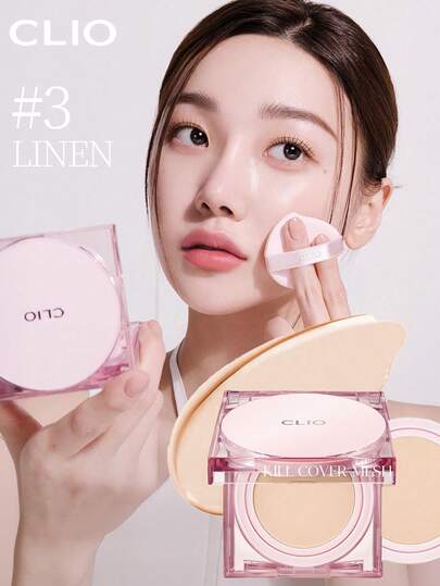 Clio K-Beauty Kill Cover Mesh Glow 气垫粉底液，15g*2 [内含替换装]，SPF50+ PA++++，适合油性肌肤，无瑕玻璃肌，亮泽妆容，无粉感，54 小时持久清透亮泽，敏感肌肤适用，混合轻盈，可叠加遮瑕，韩妆