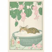 1pc/3PCS Japanese Tabby Cat In Bathtub Poster Prints Canvas Painting Retro Aesthetic Wall Art Picture Japandi Bathroom Toilet Home Decor Frameless Modern Frame Modern
