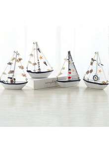 1pc Wooden Sailboat Ornament Nautical Beach Coastal Style Decoration With Seashell Net Lighthouse Starfish Seagull Wheel Random Design Mini Boat Figurine For Home Shelf Desktop Tabletop Bathroom Decor Gift - Multicolor - View 10