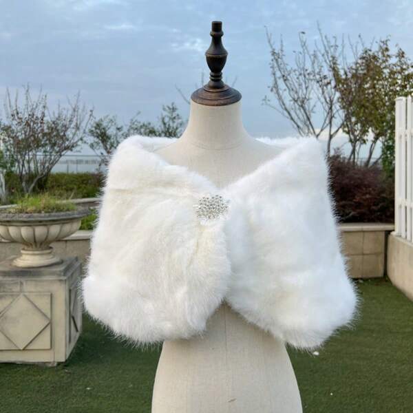 1 xale feminino branco curto vintage minimalista com decoração de diamante falso, quente para outono/inverno, adequado para festas, casamentos, acessórios de noiva