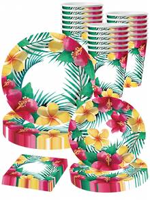 10pcs Tropical Hawaiian Party Supplies - Hawaiian Party Decorations, Palm Leaves, Hibiscus Flower Disposable Paper Plates And Napkins | Suitable For BBQ And Summer Parties, Christmas, Weddings, Beach, Graduation - Multicolor - View 1