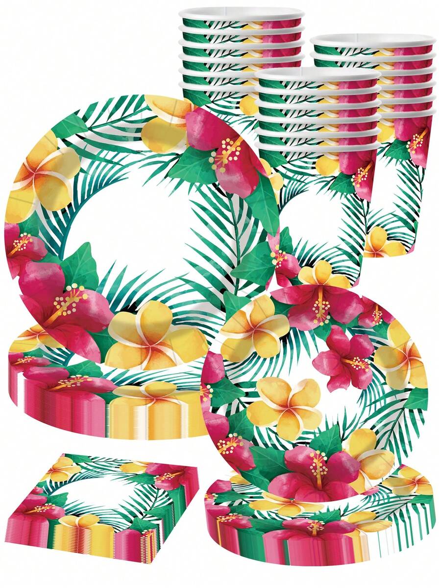 10pcs Tropical Hawaiian Party Supplies - Hawaiian Party Decorations, Palm Leaves, Hibiscus Flower Disposable Paper Plates And Napkins | Suitable For BBQ And Summer Parties, Christmas, Weddings, Beach, Graduation - Multicolor - View 1