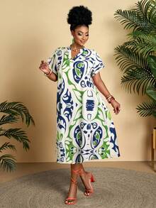 BIUBIU 大码女式休闲几何印花V领荷叶袖宽松中长连衣裙，适合日常、度假（图案随机），夏季 - 藍綠色 - 查看 5