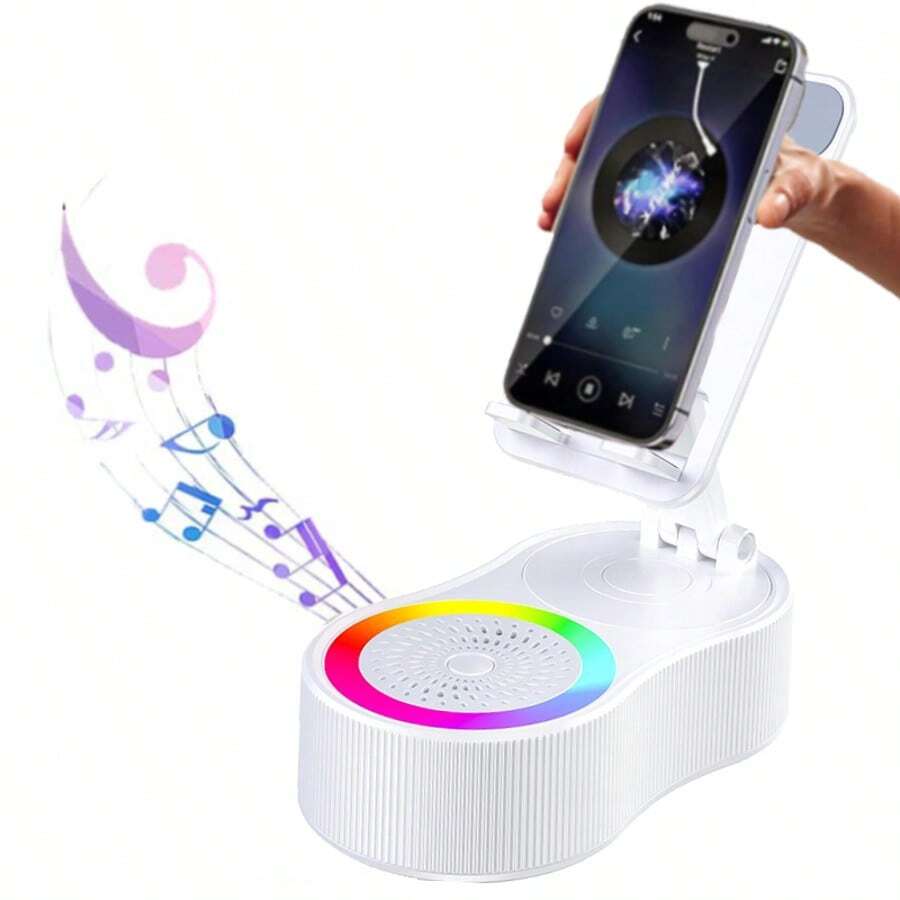 Wireless Induction Audio Bluetooth Speaker 5-In-1 Phone Holder, 2025 New Induction Speaker, 4000mAh Rechargeable Speaker With Colorful Ambient Light Foldable For Tablet Phone Android - Bluetooth Version White - View 1