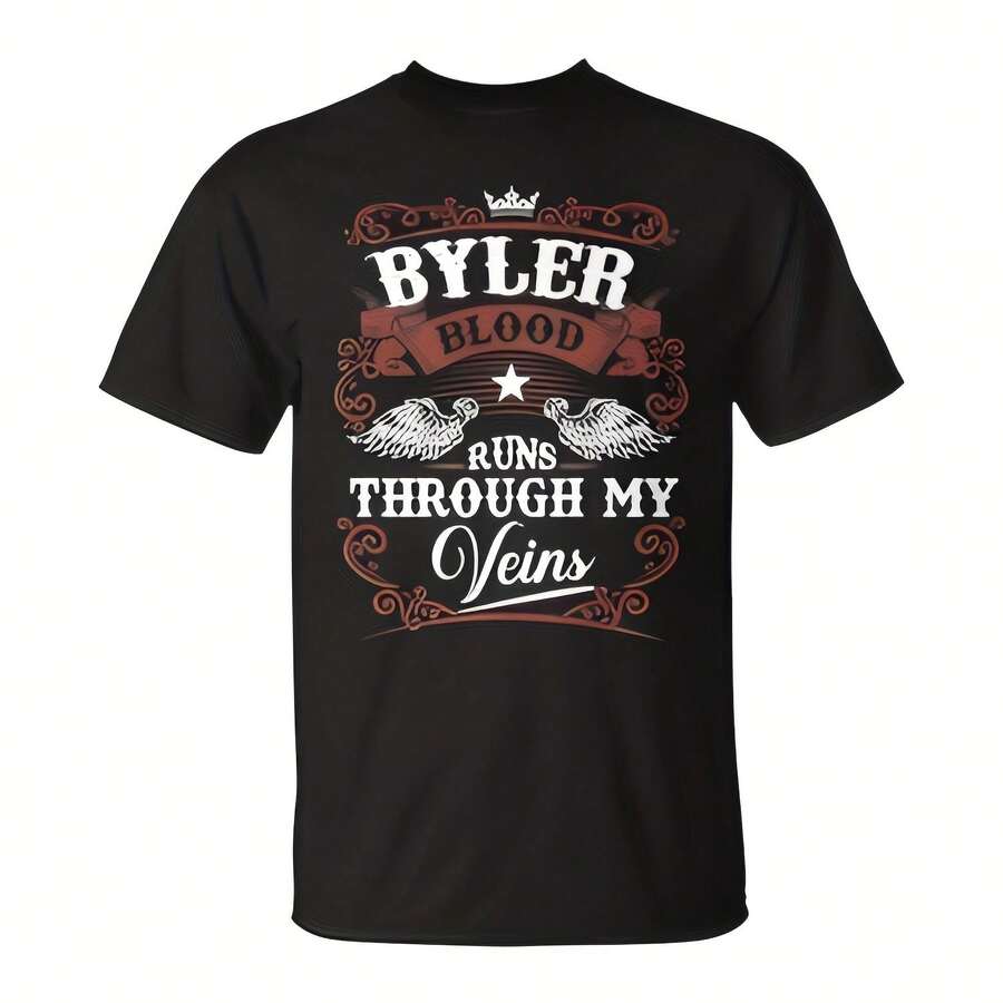 Byler Blood Runs Tough My Veins Vintage Family Name T-Shirt 220g Cotton Crew Neck Top With Gentle Be Yours Typography And Pastel Color Design,Subtle Y1812K Meets Natural Style, I For Young Wo Seeking A Calm,Great Gift For A Gentle Soul,Casual Yet Elegant Daily Wear For Garden Walks, Coffee Dates, Art Museums, Or Reading Nooks - Black - View 1