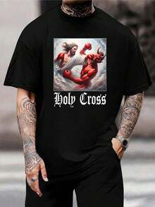 Camiseta de Boxeo de Jesús de la Santa Cruz contra el Diablo - Camiseta única con ilustraciones religiosas para hombres y mujeres - Ropa de fe cristiana - Prenda informal de estilo callejero - Regalo para el esposo - Negro - Ver 1