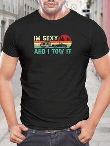 Camiseta divertida de acampada para hombre - 'Soy sexy y lo remolco' - Regalo para papá, marido o novio amante de caravanas y remolques - Camiseta negra de manga corta - Prenda informal para vacaciones - Negro - Ver 1