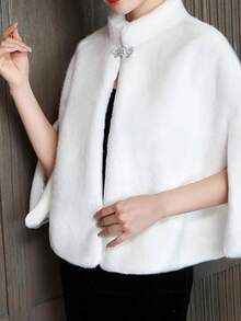 1pc Fashion Cloak With Slit, Stand Collar, High-Quality Soft Faux Fur Shawl, Suitable For Wedding, Party And Bridal Gown - White - View 3