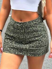 Women's Summer Casual Leopard Denim Mini Skirt - Green Leopard Print - View 5