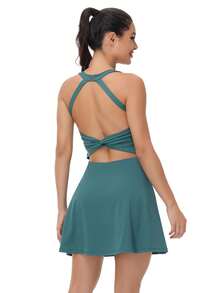 Tennis Golf Dress Yoga Fitness Halter Dress Women's 2-Piece Set Built-In Leggings Detachable Summer Cute Light And Breathable Fashion Women's Dress. - 綠色 - 查看 2