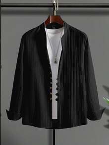 Camisa Casual Masculina Estilo Cardigan com Botões na Frente, Corte Slim, Mistura de Poliéster, Gola Alta, Lavável à Máquina, Ideal para Primavera e Outono, Cardigan Leve - Preto - Visão 2