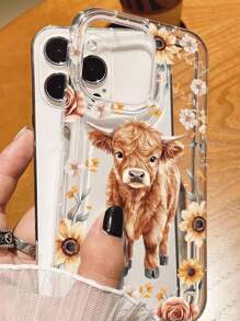 1pc Sunflower & Cow Pattern Transparent Anti-Drop Shock-Absorbing TPU Phone Case, Suitable For Apple 15/14/13/12/11/7/8/16/17/Air/17Pro/17ProMax And Other Models, Great Gift For Friends