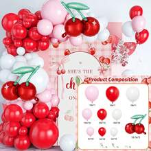 Set de 128 piezas de arco de globos con temática de cereza, que incluye globos de látex de color rojo, rosa y blanco, además de globos de lámina de aluminio con diseño de cereza para decorar fiestas de cumpleaños, bodas, duchas nupciales y otras celebraciones con tema de cereza - Multicolor - Ver 8