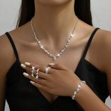 5 Peças Conjunto de Joias Minimalista, Colar com Borla de Strass, Brincos, Pulseira, Anéis | Presente de Casamento para a Noiva, Uso Diário, Festa, Férias | Acessórios Estilosos e Versáteis