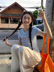 女士夏季字母图案短袖T恤 - 藍色 - 查看 6