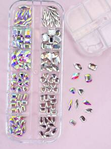 Set mixto de 12 rejillas de diamantes de arte de uñas, diamantes de formas especiales, rhinestones de fondo plano, joyería de arte de uñas AB, decoraciones de uñas, corazón, rombo, gotas de agua, marquesa, multiforma y varios estilos de gemas de vidrio, manualidades DIY, rostro, ropa, manicura, brillantes calcomanías amorfas para uñas