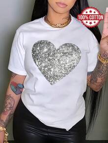 100% Cotton T-Shirt | Mexico Shipping | High-Quality Breathable Fabric | Women's Black and White Loose Short-Sleeve Cotton Print | Heart Pattern | Black | Machine Washable | Round Neck Casual Top | Loose Comfortable Fashion | Unisex Holiday Gift | Couple Outfit | Spring and Summer Wear | Suitable for All Seasons | Breathable and Sweat-Wicking for Sports, Running, and Hiking | Women's Clothing