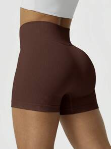 NcmRyu 1pc Women's Solid Color Casual Ribbed High Waist Lifting Fitness Yoga Sports Shorts - Cà phê nâu - Xem 6