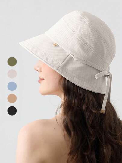 女士渔夫帽夏季户外遮阳帽，时尚百搭，带抽绳蝴蝶结装饰，头围较大，适合日常使用，海滩度假，户外旅行，休闲购物