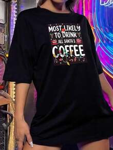 Camiseta de Navidad para amantes del café para mujer - Camiseta gráfica de café de Santa - Conjunto para fiestas navideñas - Pijamas navideños a juego para toda la familia - Negro - Ver 2
