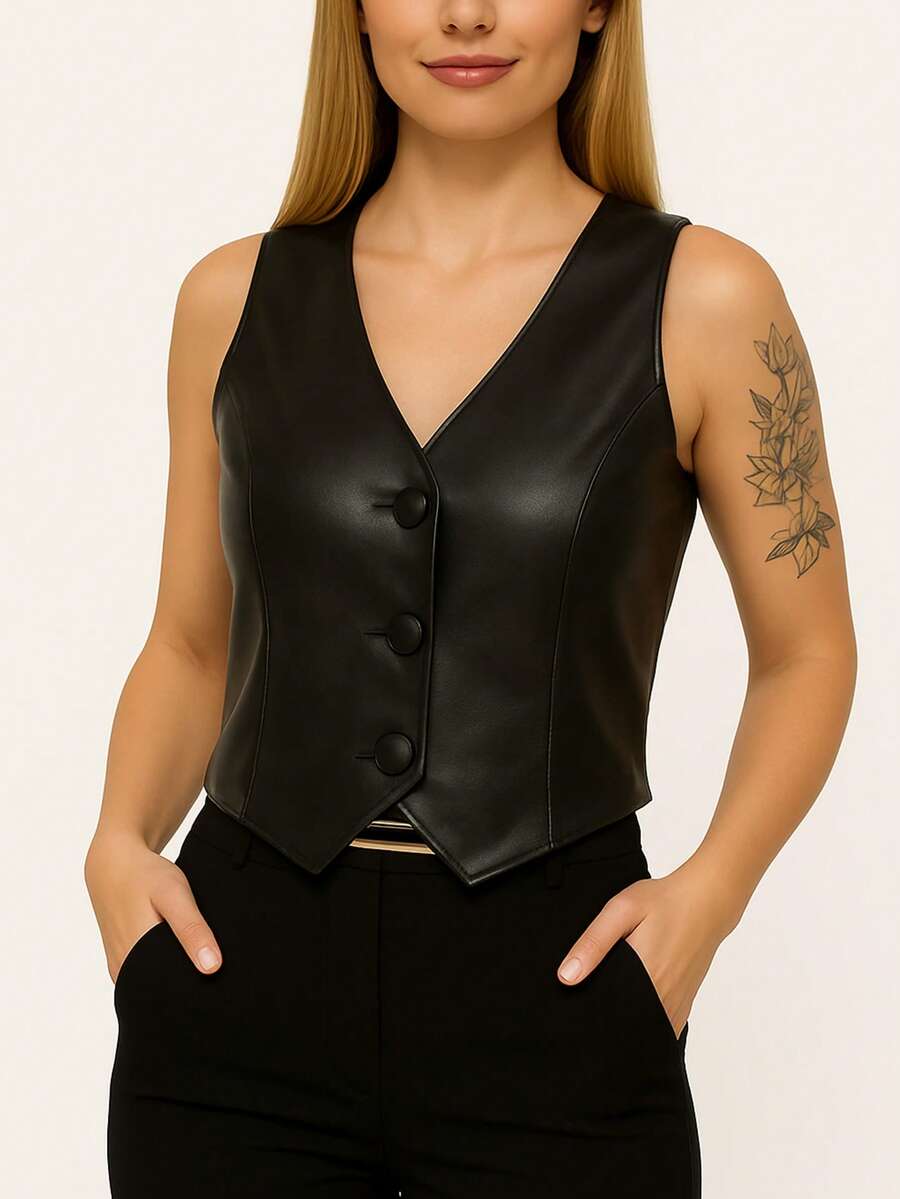 Short Social Leather Vest With Buttons, V-Neck, Sleeveless - 黑色 - 查看 1