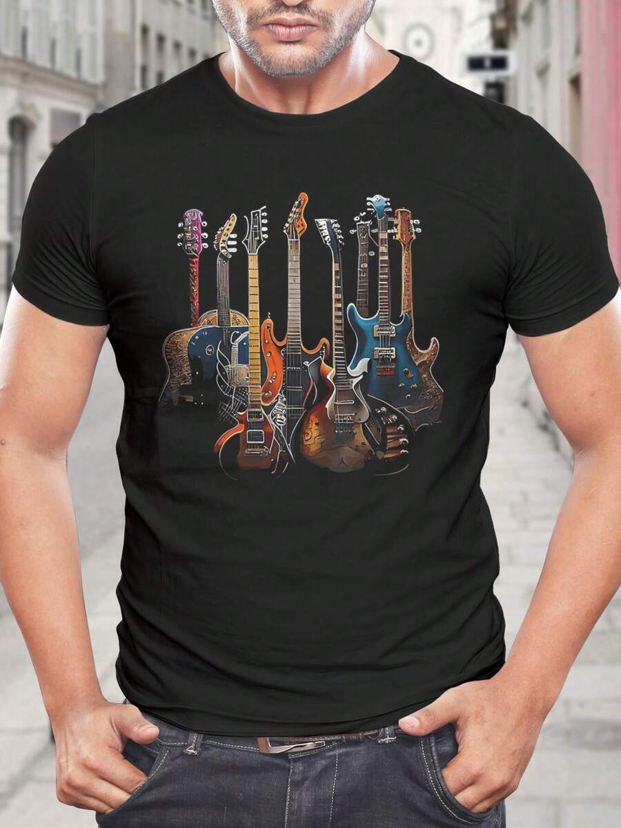 Camiseta genial de guitarra eléctrica y acústica - Camiseta gráfica para músicos - Camiseta estilo Rock and Roll para hombres y mujeres - Regalo para amantes de la música - Ropa para ensayos de bandas - Negro - Ver 1