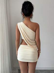 Those Solid Color One-Shoulder Asymmetric Tops & High-Waist Ruched Mini Skirts, Elegant Sexy Casual Outfits Suitable For Parties, Dates, Beach, Wedding, Home - Beige - View 4