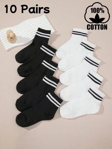 10 Pairs Kids/Youth Solid Color & Striped Minimalist Fashion Versatile Mid-Calf Socks, Spring/Summer/Autumn