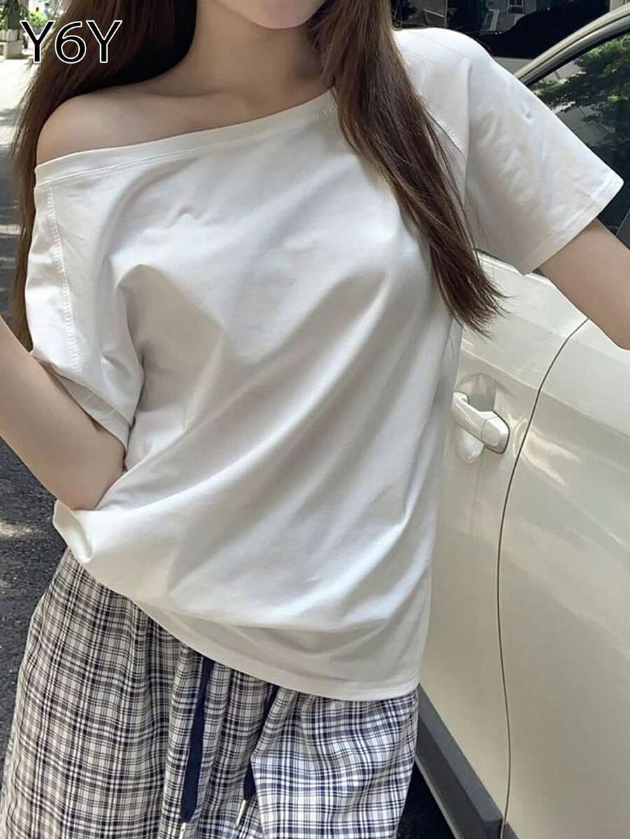 Y6Y 宽松休闲白色不对称领口短袖 T 恤,女士时尚夏季上衣 - 白色 - 查看 1