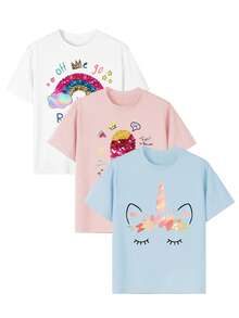 3件套女童休闲笑脸图案圆领短袖T恤，时尚可爱英文印花，夏季学生服装，情人节